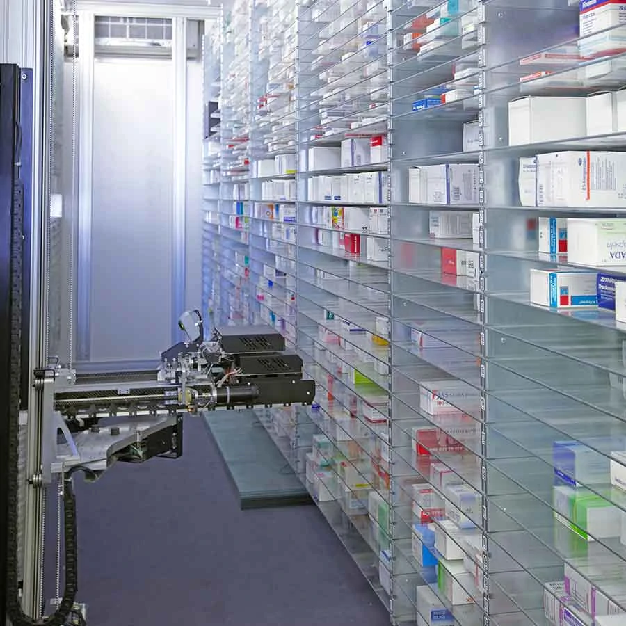 Medication stock organised in the robotised warehouse